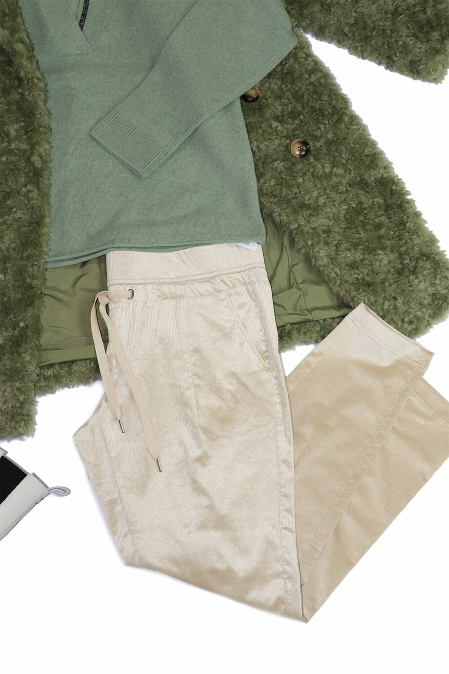 Outfitfoto grün beige teddylook mantel pullover hose tasche schuhe